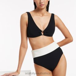 Swimwear Black/Cream 6XZD4353 Women Seafolly Versa Rib Fold Down High Waisted Bikini Bottom
